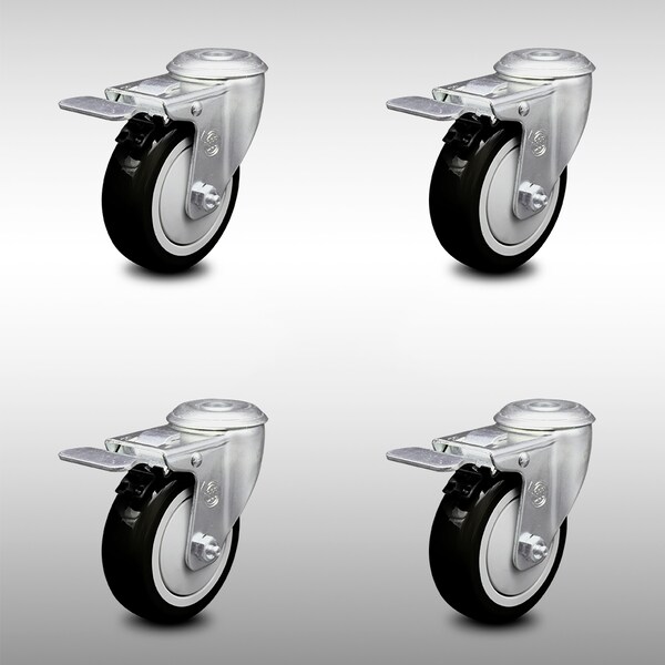 4 Inch SS Black Polyurethane Swivel Bolt Hole Caster Set with Total Lock Brake